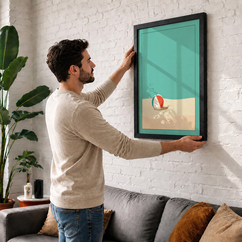 Beach Ball in Sand Coastal - Framed Print, Walnut, A1 - 84.1 x 59.4 cm