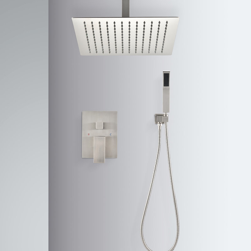 Ceiling Shower With Handheld And 16" Head - Brushed Nickel, Brass, Natural Rainfall , Self-Cleaning Nozzle, Corresponds To American Standard Pipe Connections System & Complies Demands