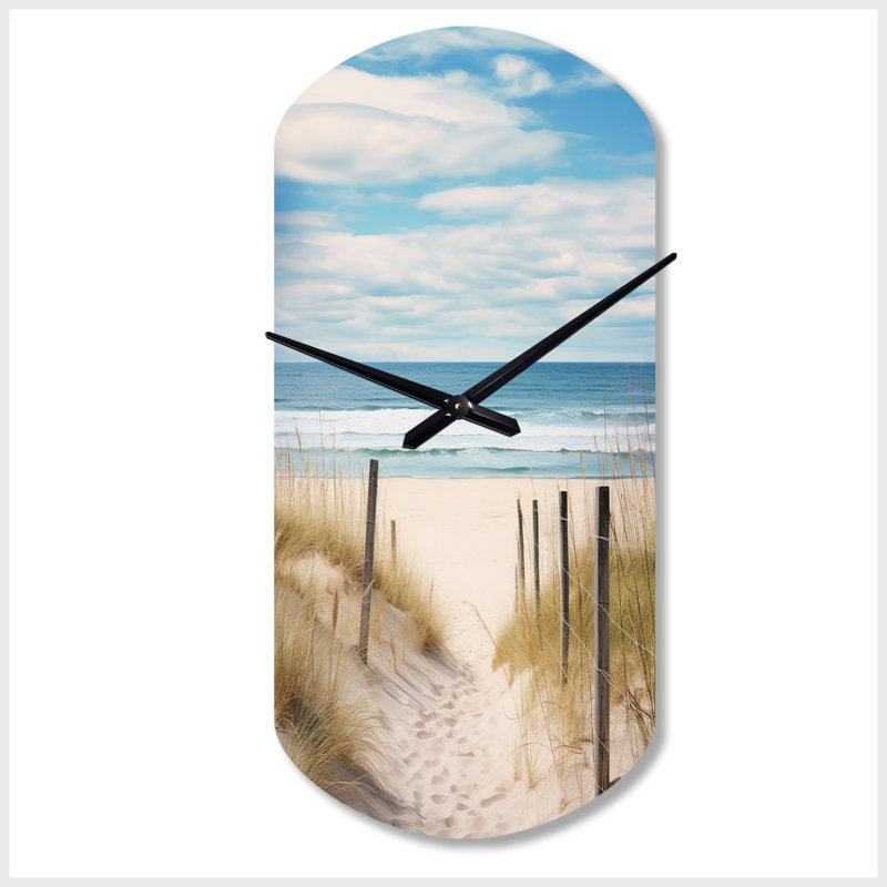 Chemin vers la plage VI - horloge murale de forme irrégulière en métal sable de plage, horloge murale asymétrique beige