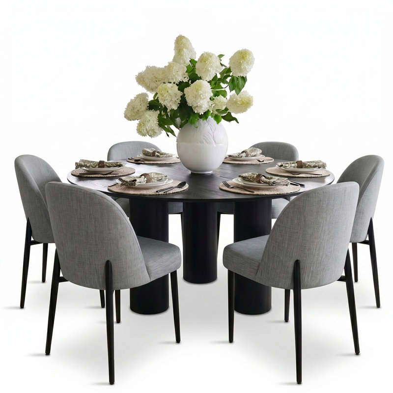 Modern 7-Piece Round Dining Set With Multi-Pedestal Base Table And Upholstered Side Chairs, Gray