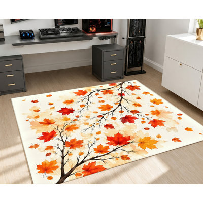 Fall Maple Leaf Machine Washable Area Rug with Non‑Slip Backing, Watercolor Style Autumn Tree Branch Pattern Floor Carpet, Cozy Indoor Home Decor for Living Room, Bedroom, Entryway, Kitchen, Apartment