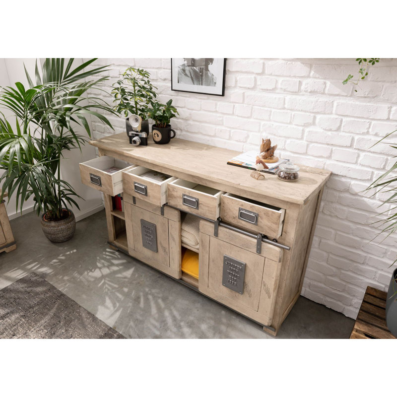 Railway 150cm Solid Wood Sideboard, Whitewash Lacquered
