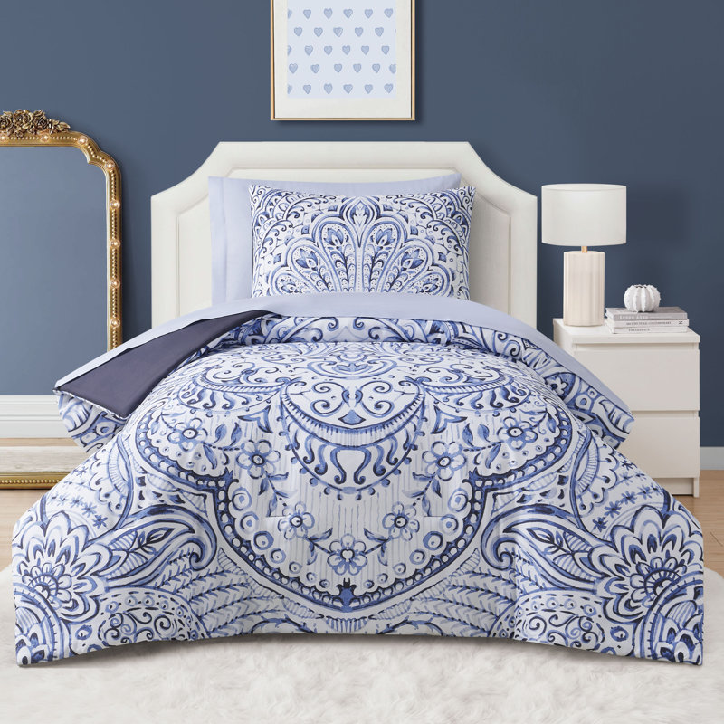 Layla Damask Reversible Bed in a Bag, 5, Blue, Twin