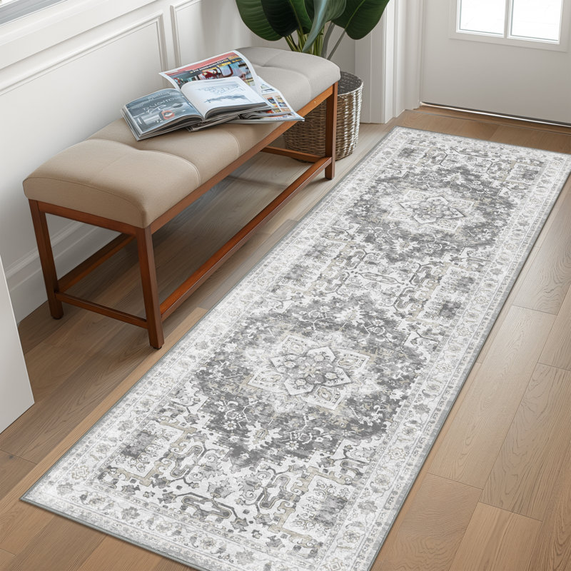 Nathalya Oriental Performance Machine Washable Non-Slip Neutral Gray Indoor Runner Rug, Runner 2' x 5'
