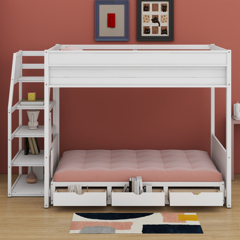 Lit superposé convertible en bois avec escalier de rangement, table de chevet et 3 tiroirs, Blanc