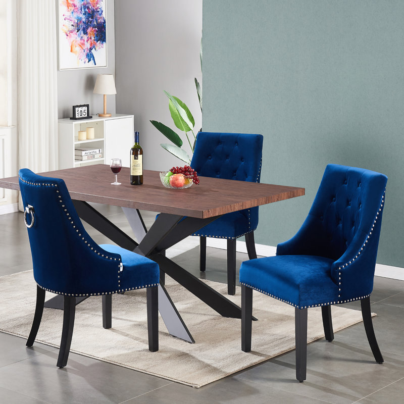 Trista 6 Person Dining set - a Rectangular Wooden Dining Table with Metal Legs and a Set of 6 Quilted Ring Knocker Velvet Dining Chairs for Dining Room - Modern Dining Table Set
