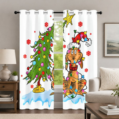 2Pcs Christmas Dog and Tree Curtains, Festive Holiday Theme Drapes, Colorful Cartoon Illustration Patterned Grommet Window Panels, Home Decor for Bedroom Living Room