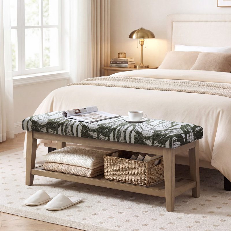 Polyester Upholstered Storage Bench, Prints Green