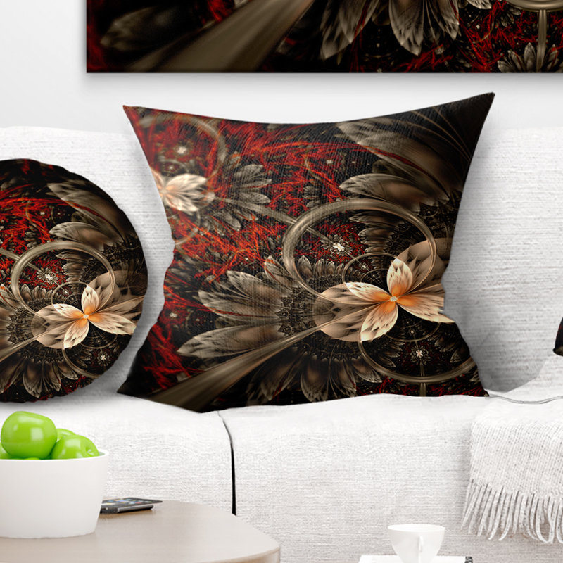 Motif de fleur rouge et orange fractal - coussin imprimé floral, 16 po x 1 po, Coussin décoratif