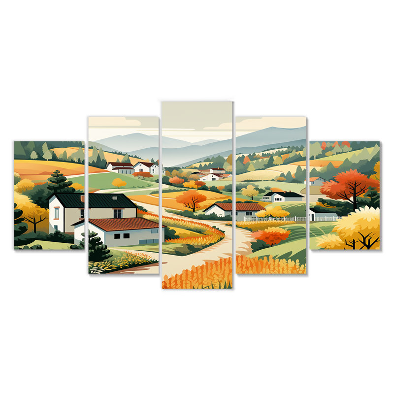 «Autumn in Pittoresque Mountain Town», art mural 5 pièces, H 32 po x l 60 po