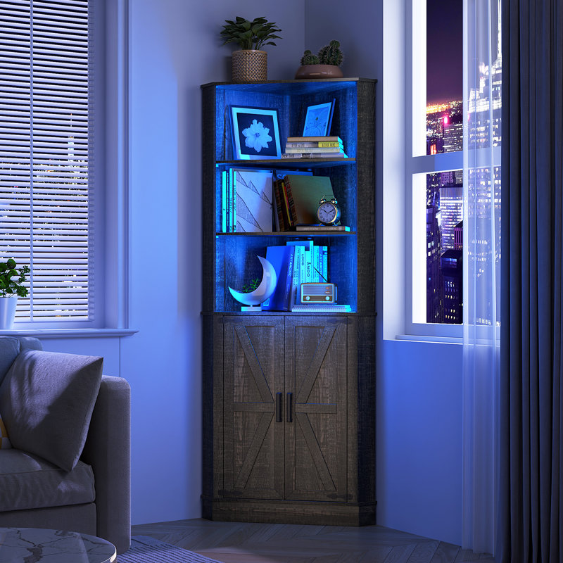 Caleal Lighted Curio Bookcases, Rustic Brown