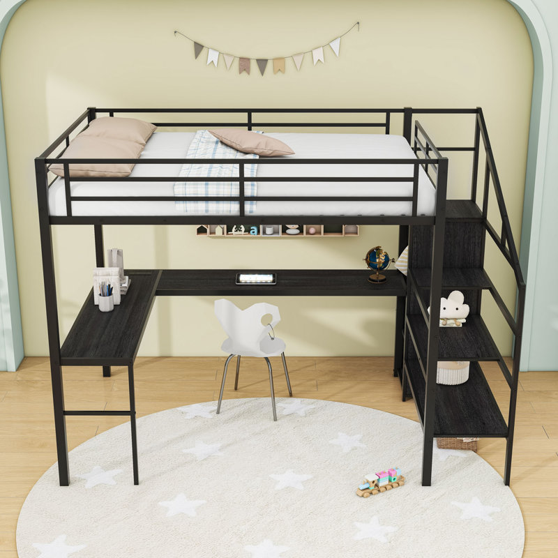 Lit mezzanine double en métal avec bureau en L, garde-robe, USB, éclairage DEL, escalier et tablettes réglables