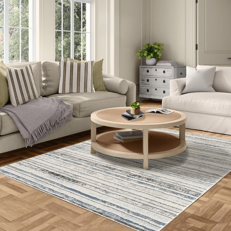 Modern Minimalist Striped Area Rug in Blue/Cream/Gray for Living Room, Hallway, Entryway Rugs