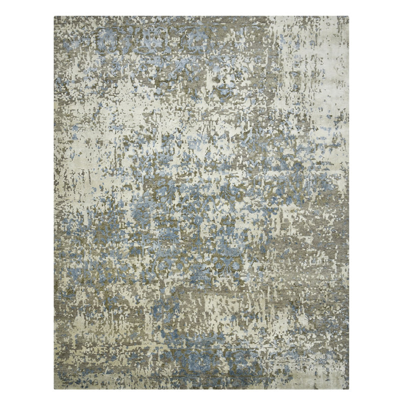 Blue Hand-Knotted Wool and Silk Abstract 8' x 10' Rug