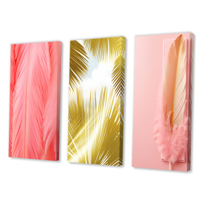 «Boho Glam Pink Feather Elegance», 3 pièces sur toile