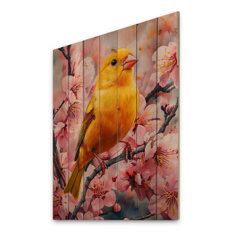 Arbre à fleurs dorées parmi les fleurs de rose IV - décoration murale en bois d'oiseau - sur bois de pin naturel