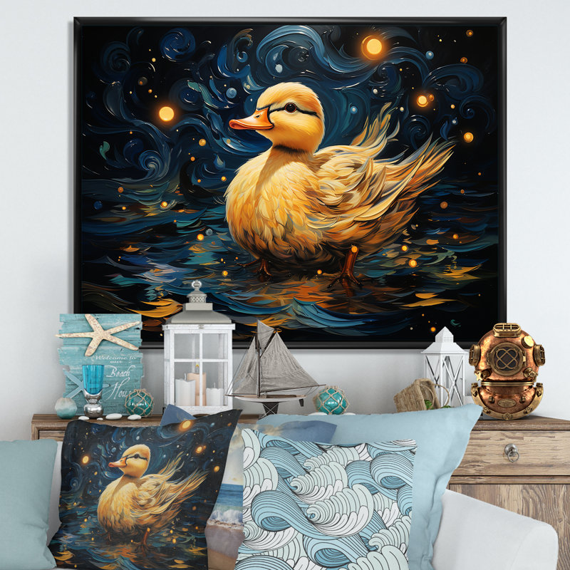 «Yellow Duck Starry Night Wonders», art mural animal canard, Cadre flottant noir, H 24 po x l 32 po x P 1 po