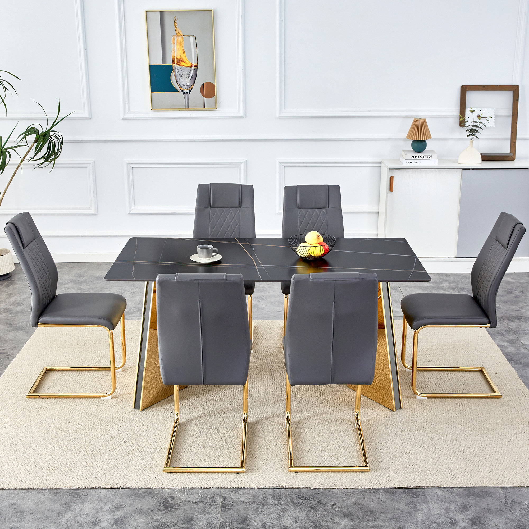 Everly Quinn "x31.5"x30" black texture sintered stone table with golden ...