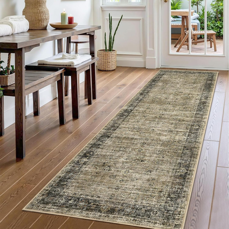 Runner Rug 2X6 Washable, Soft Vintage Distressed Non-Slip Hallway Runner, Retro Low Pile Kitchen Rugs For Bedroom Laundry Room, Olive Brown