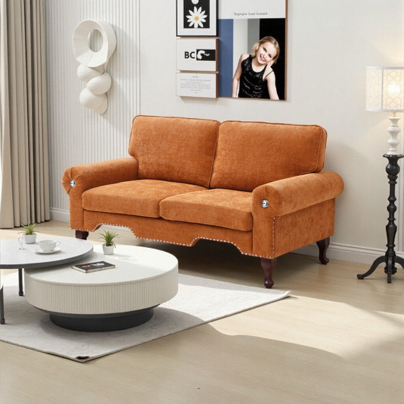 Canapé Chesterfield classique - conception à accoudoirs roulés avec boutons en cristal, Orange