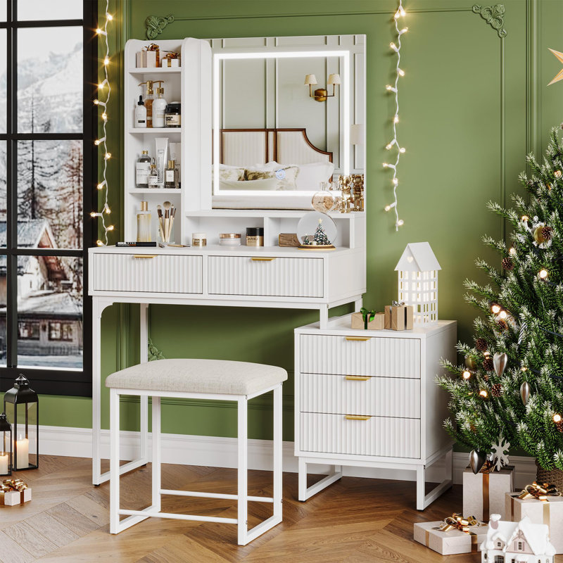 Bureau de coiffeuse blanc, ensemble de coiffeuse avec miroir et lumières réglables, coiffeuse 5 tiroirs, Blanc