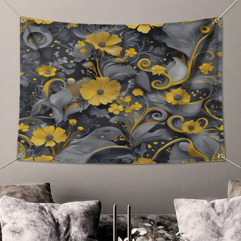 Tapisserie murale jaune à motif floral jaune - décoration murale florale, 104in H x88 with 4 Grommets