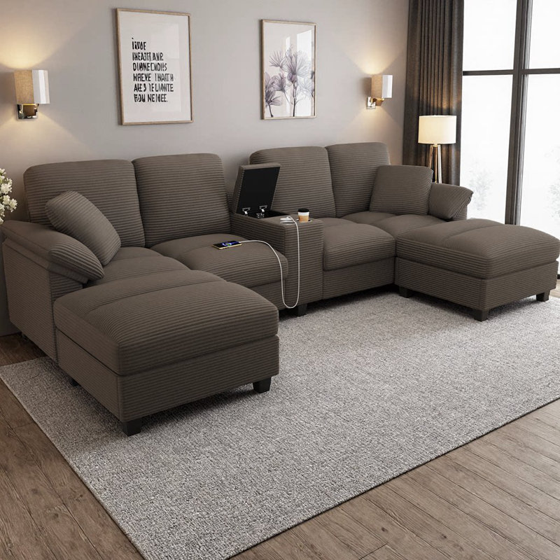 116.9" Modern U-shaped Sectional Sofa with Storage Ottomans, Center Console featuring Cup Holders & USB Ports, Corduroy Upholstered Sofa with Pillow Top Arms for Living Room