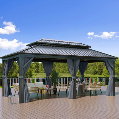 Outdoor Metal Hardtop Patio Gazebo with Privacy Curtain and Mosquito Netting
