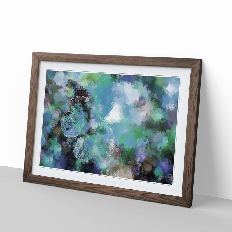 Butterfly upon a Flower in Blue in Abstract - Picture Frame Painting Print, 36cm H x 48cm W x 2cm D, Walnut Framed