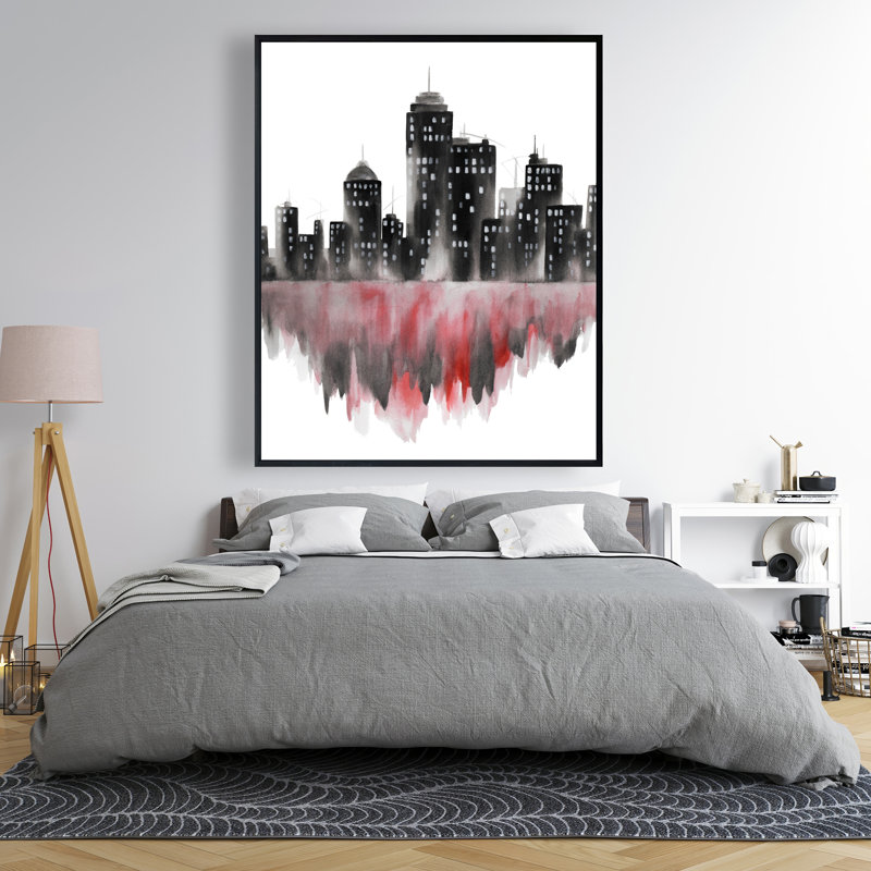 Red Watercolor Cityscape - Framed Canvas for Home Decor