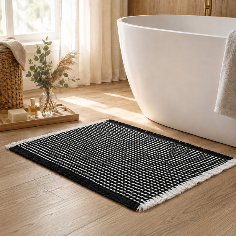 Ensemble de tapis de bain à franges gaufrées - 2 pièces, Black/White, 17" W x 24" L+20" W x 32" L