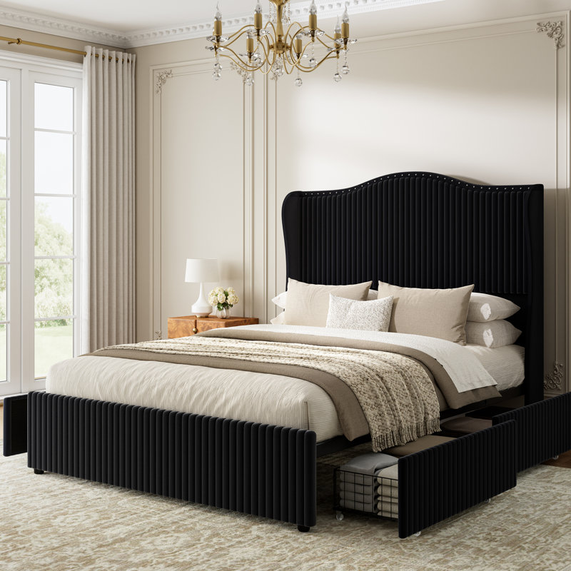 Upholstered Wingback Bed with 4 Storage Drawers & 54" Tall Headboard, No Spring Box Needed, Easy Assembly, Full, Black