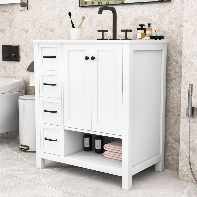 Meuble-lavabo 30 po avec comptoir en céramique, 2 tiroirs et rangement ouvert, White