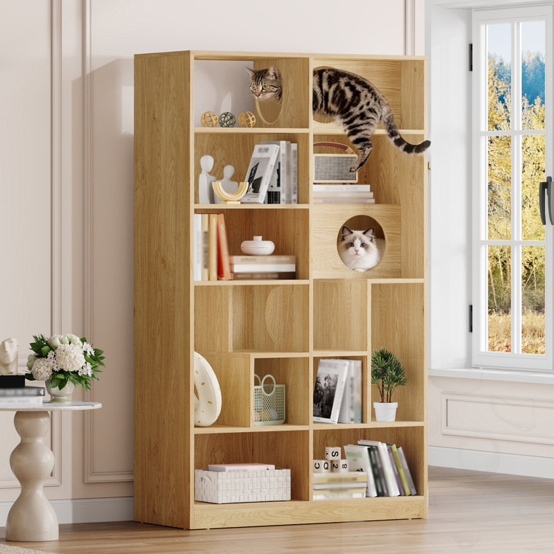 Présentoir pour arbre à chat 2 en 1 avec bibliothèque et tablette d'escalade, Naturel