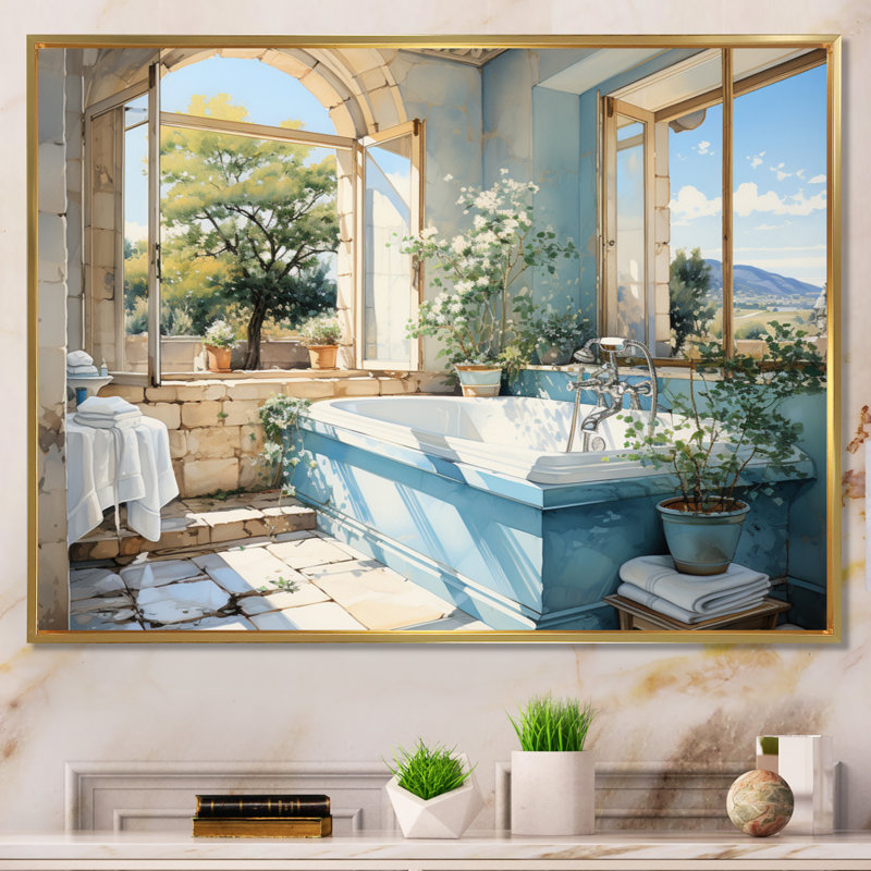 «Bathroom Fresh And - Bathroom», art mural sur toile, Cadre flottant doré, H 16 po x l 32 po x P 1 po