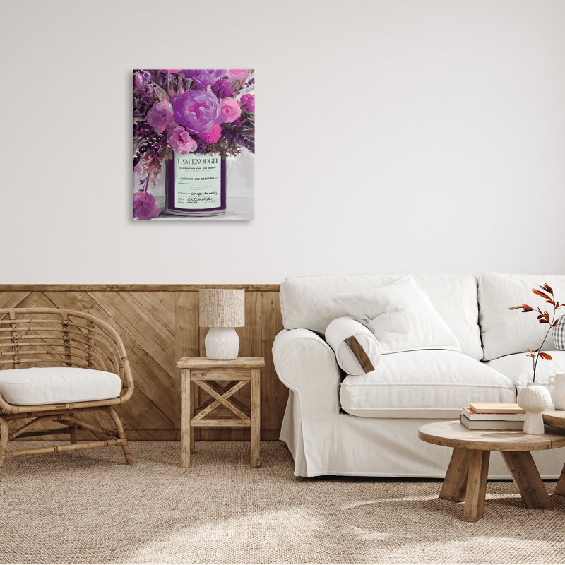 «I Am Enough Inspirational phrase mauve, fleurs roses, art mural surdimensionné sur toile tendue par Kamdon Kreations