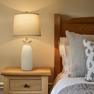 27" Ceramic Table Lamp For Bedroom & Living Room, Modern Farmhouse Rustic Boho Vintage Style Nightstand Lamp, Home Office Desk Decor, White
