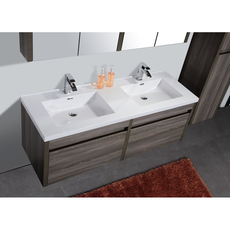 Ensemble de meuble-lavabo double mural 60 "avec miroir Hampden, Gris érable