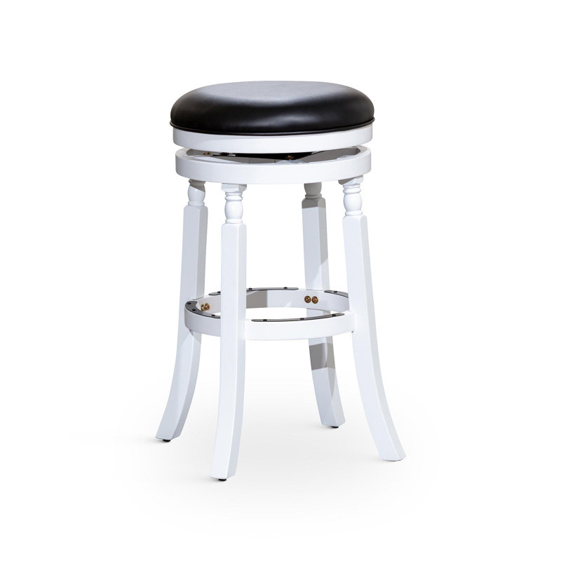 30" Bar Stool, White Finish, Black Leather Seat, Black, White
