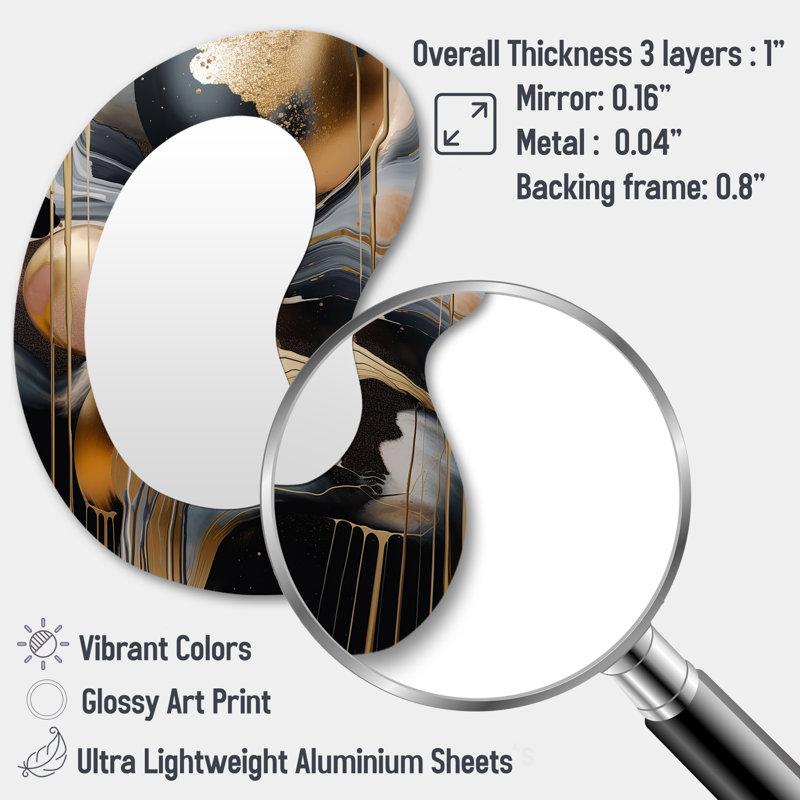 Krusa Gold And Black Marbled Euphoria V - Marble Asymmetrical Large Mirror, Modern Unique Shape Unique Wall Mirror Decor, Printed Metal Art