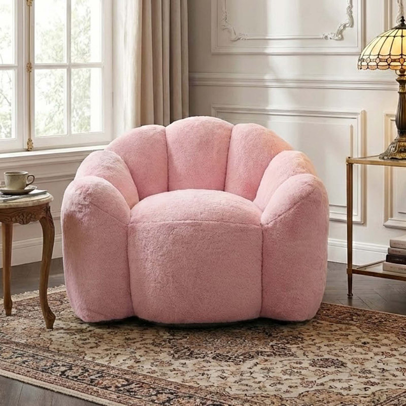 Modern Lotus-Inspired Plush Bean Bag Chair with Pull Ring, No-Assembly Lounge Seat for  Bedroom, Living Room, Dorm, Pink