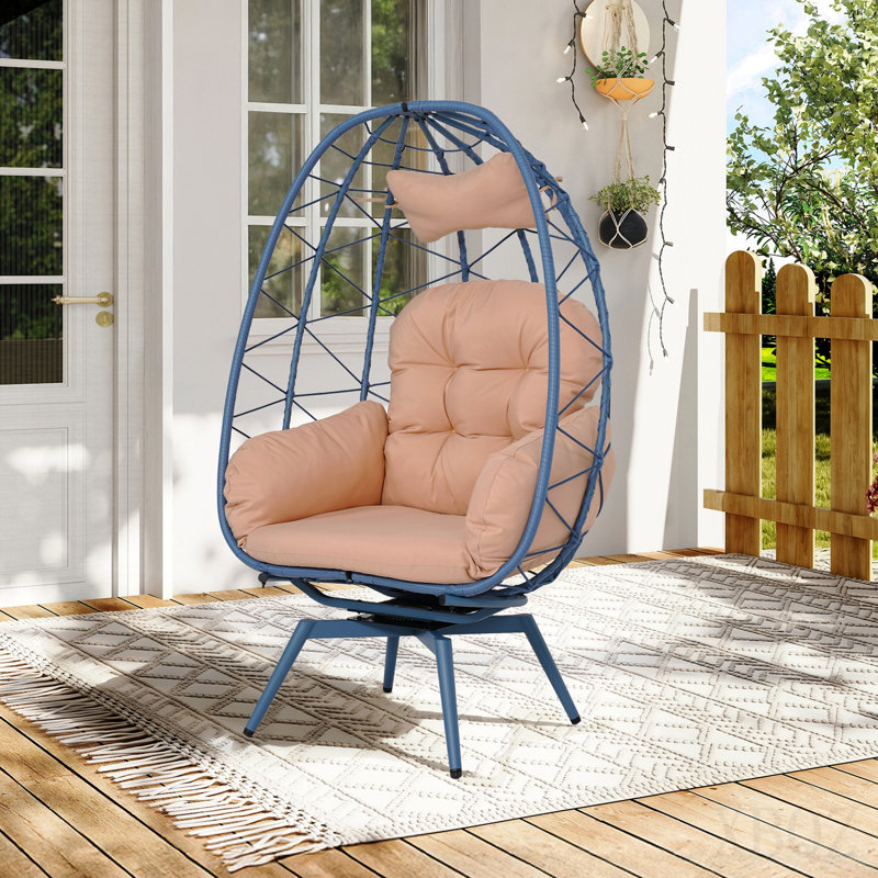 Oversized 360° Swivel Rattan Egg Chair Wicker Indoor Outdoor Patio Lounge Chair With Removable Thick Cushions, Beige, Blue