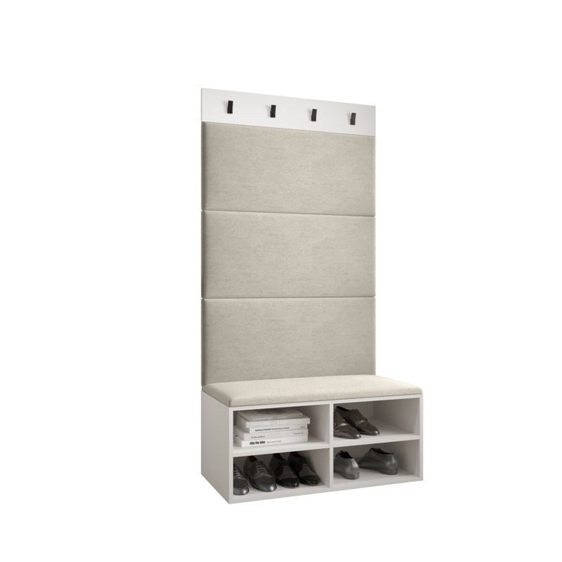 Jauli Hall Tree 84cm Wide with Bench and Shoe Storage, White Matt/Beige