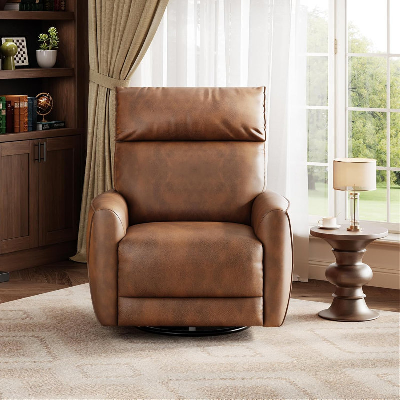 Power Swivel Rocker Recliner Chair with USB, PU Leather Glider for Living Room & Nursery, Brown