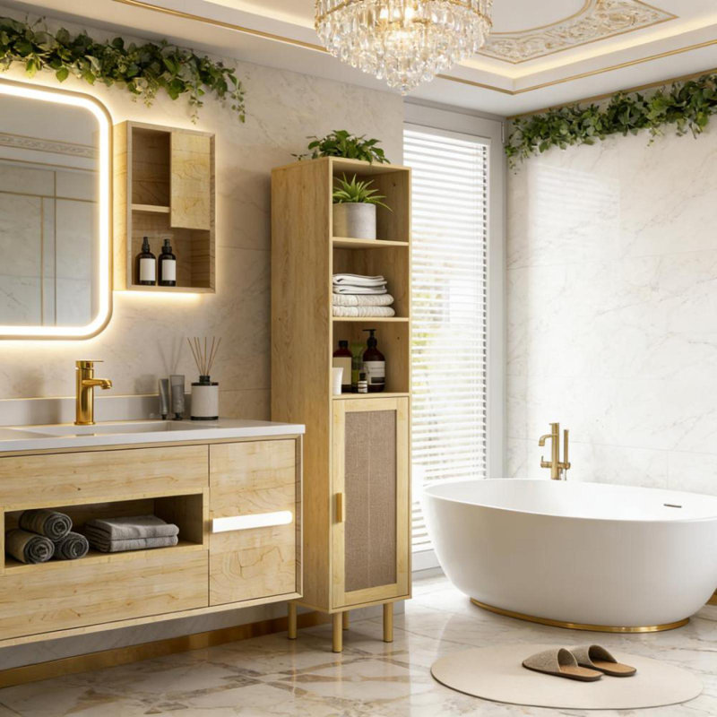 Armoire de rangement autoportante pour salle de bain, grande armoire de salle de bain avec portes en rotin, Chêne