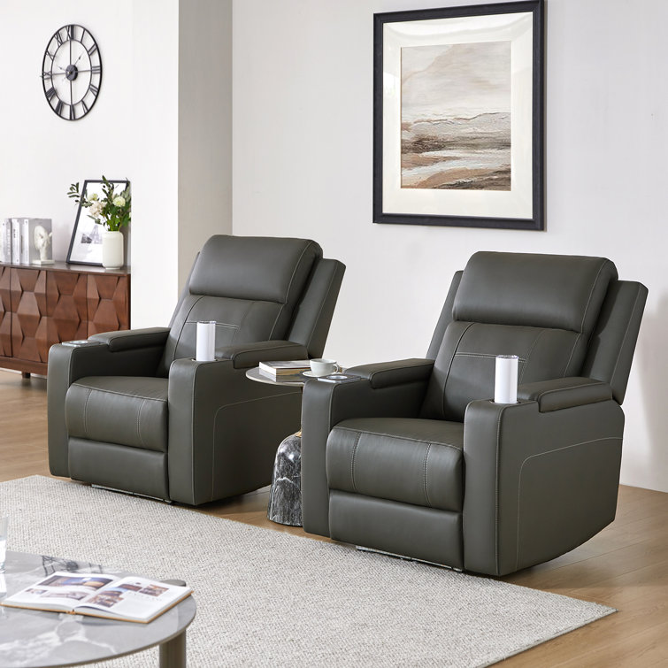 Anabal Oversized One-touch Reset Genuine Leather Dual Motor Power Recliner with Lift-up Cup Holder(Set of 2)