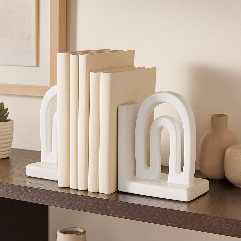 Arched Ceramic Bookends, White