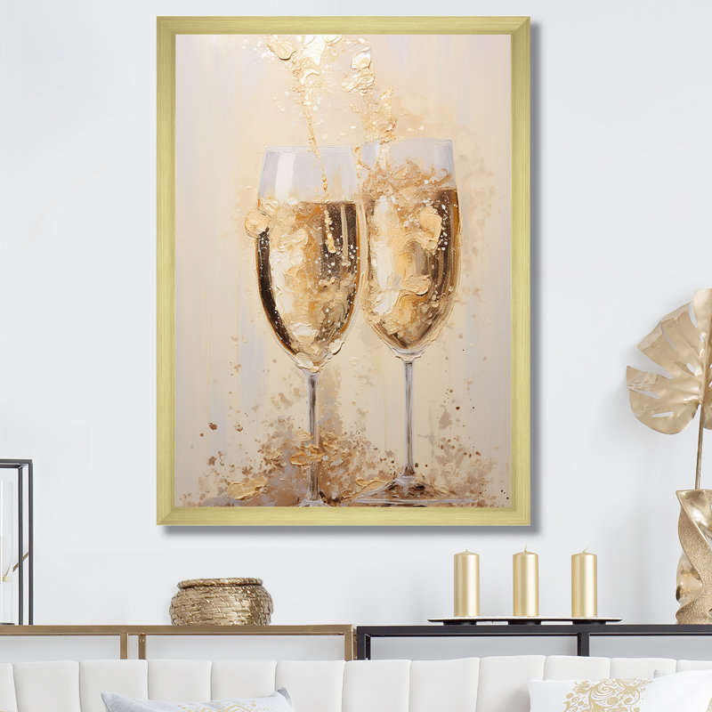 Golden Champagne In Glass III - Champagne, art mural, H 32 po x l 16 po x P 1 po, Cadre doré simple
