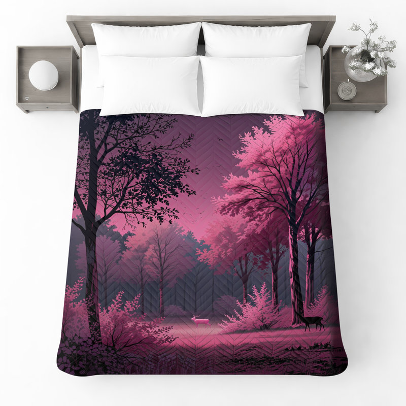Couvre-lit paysage forêt rose avec cerf, Très grand lit