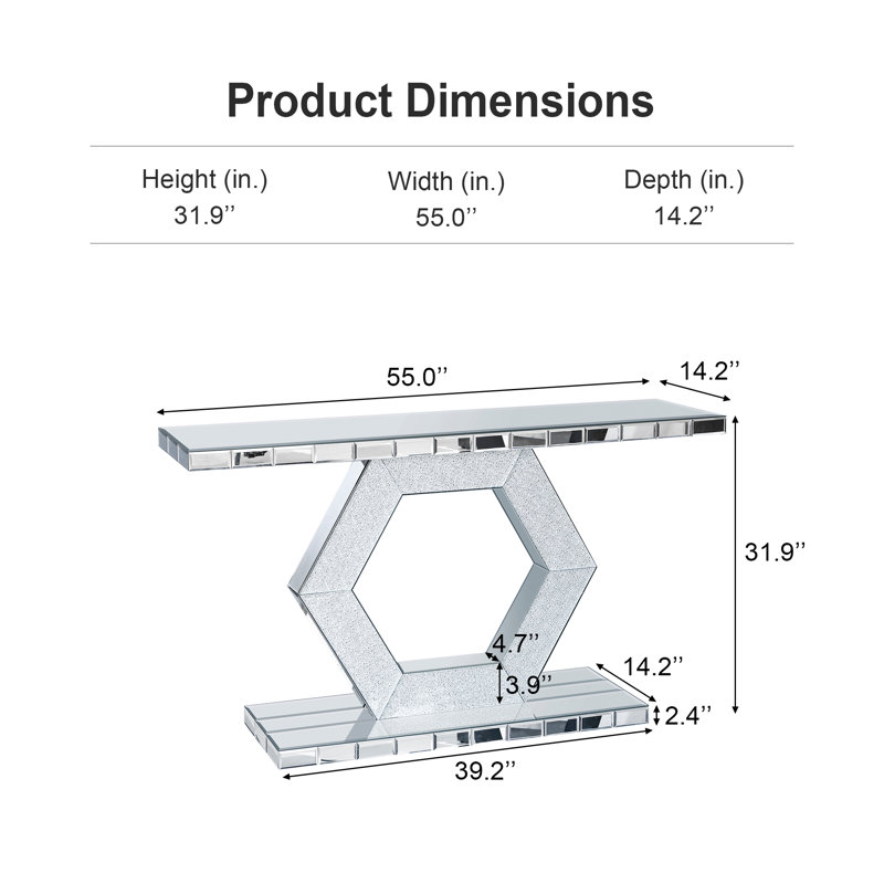 Mirrored Console Table With Hexagonal Floor Shelf – Diamond Glass Accent & Modern Geometric Design